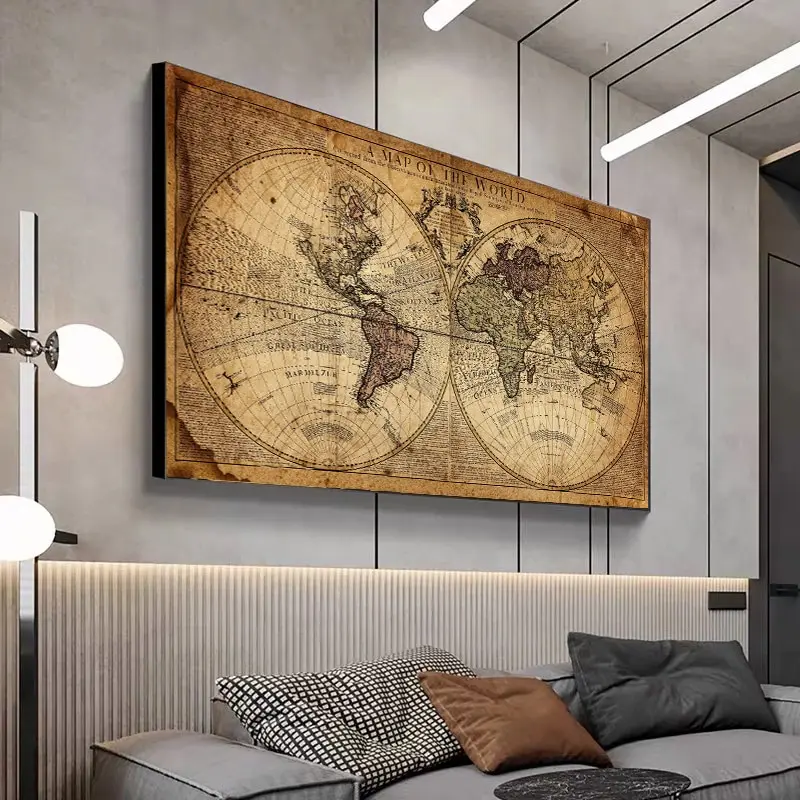 Vintage Earth Map Of The World Retro Old Picture  Canvas Painting For Living Room Poster Prints Home Office Study Wall Art Decor