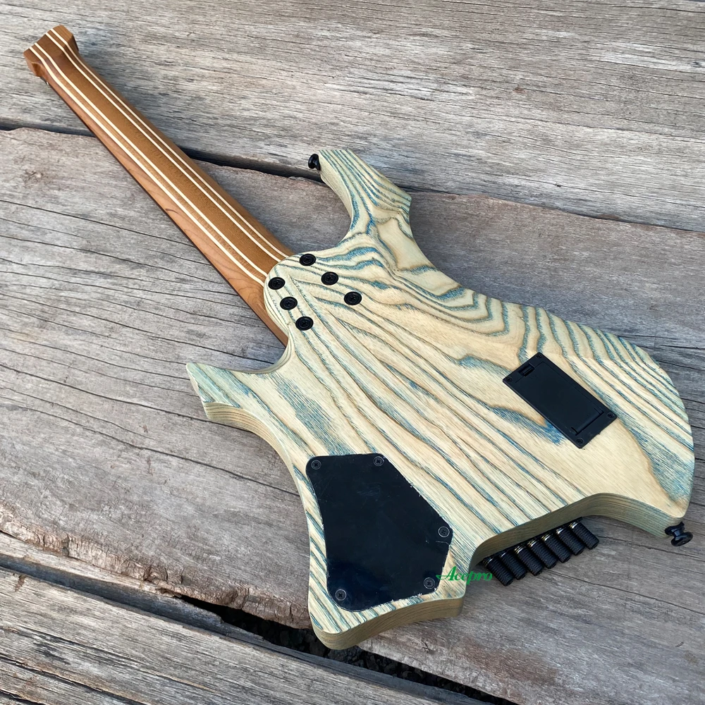 7 String Blue Headless Electric Guitar Fanned Frets Active Pickups 9 Piece Roasted Maple Neck Jumbo Stainless Steel Frets