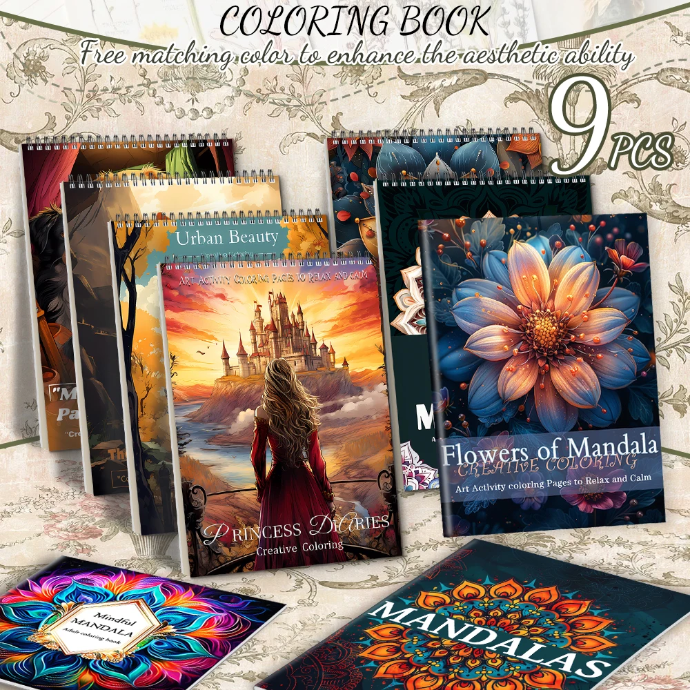 

9pcs high quality coloring book set, with the theme of princess and rule mandala, is a good gift choice for friends.