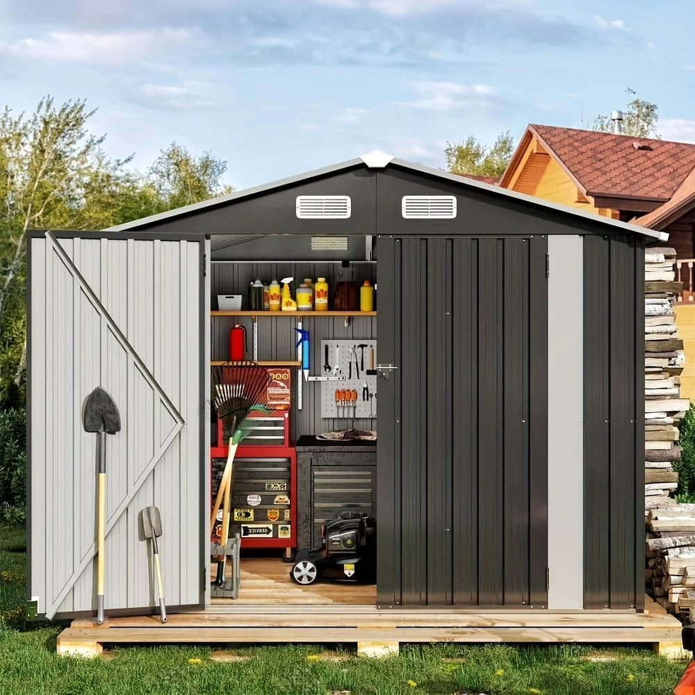 Set, 7.5 Ft. W X 5.5 Ft. D Gray Metal Storage Shed With Lockable Door And Vents For Tool, Garden, Bike (39 Sq. Ft.)