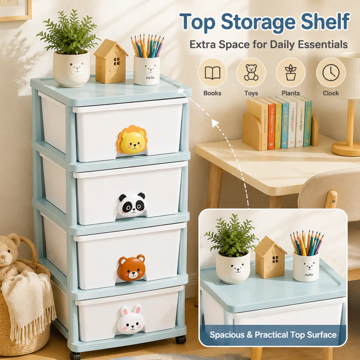 Single And Double Row 4 Tier Kids Plastic Storage Drawer Cabinet with Wheels Cartoon Animal Handle  PP Toy Clothes Diaper Organizer Children Nursery Room Storage Unit