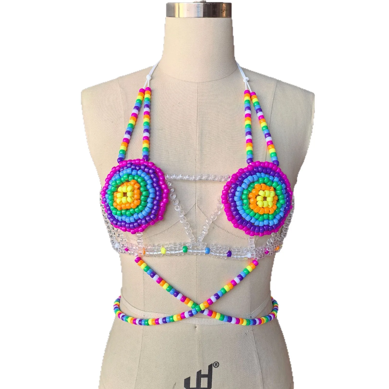 2026 Handmade Pony Bead Rave Festival Outfit Sexy Bikini Cover up Kandi Harness Halter Beaded Top Body Chain Rainbow Kandi Bra