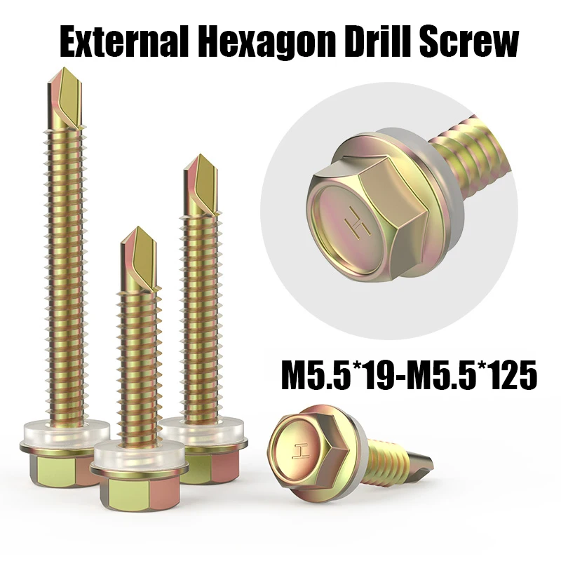 

100PCS M5.5*19-M5.5*125 External Hexagon Drill Screw Durable Self-Tapping Screws High Hardness Carbon Steel Dovetail Nails Screw