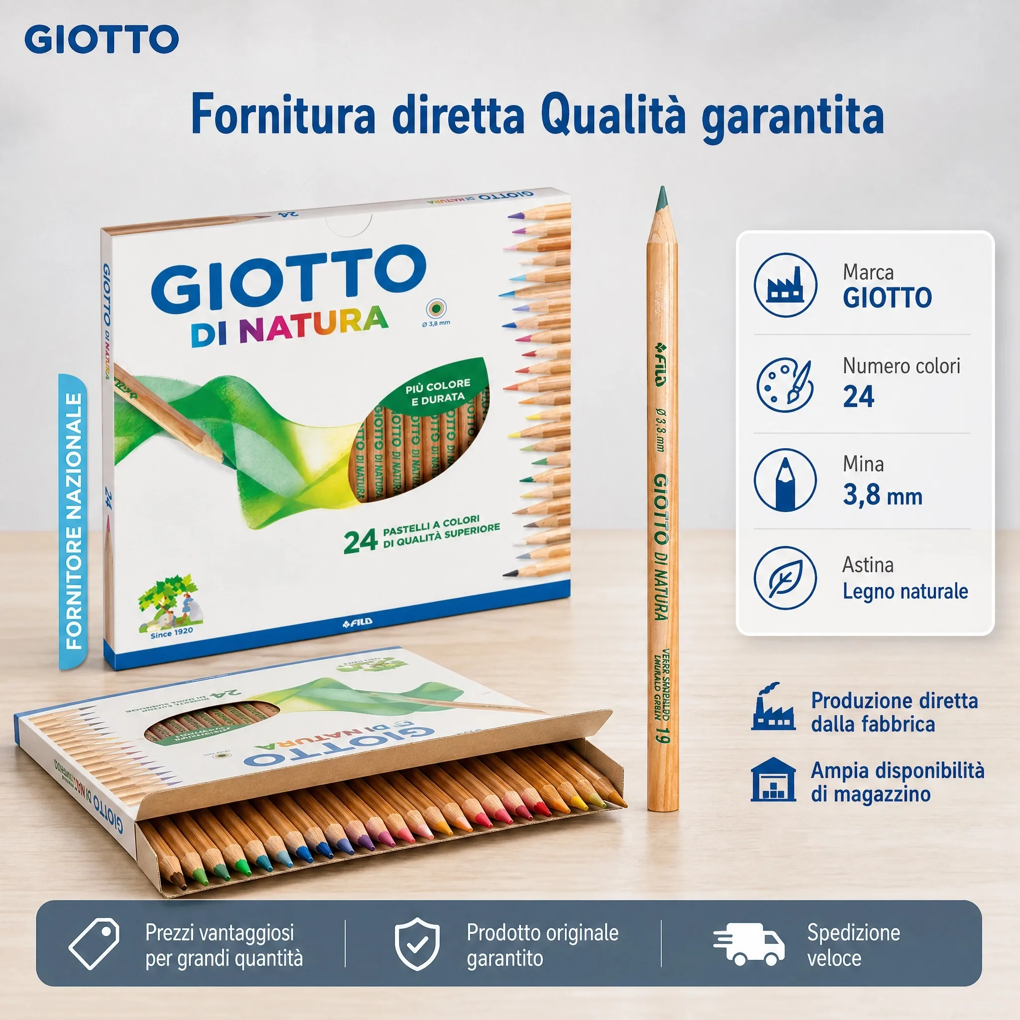 GIOTTO Di Natura - Set van 24 kleurpotloden van natuurlijk hout, 3,8 mm kern