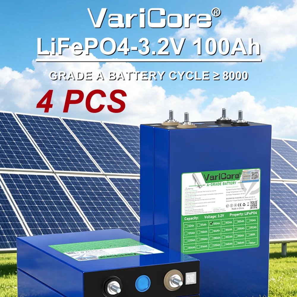 4 batterie al litio ferro fosfato LiFePO4 Varicore di grado A, 3,2 V, 100 Ah, celle ad alta potenza, oltre 8000 cicli di carica e scarica profonda, ricaricabili, per turbine eoliche, pannelli solari,