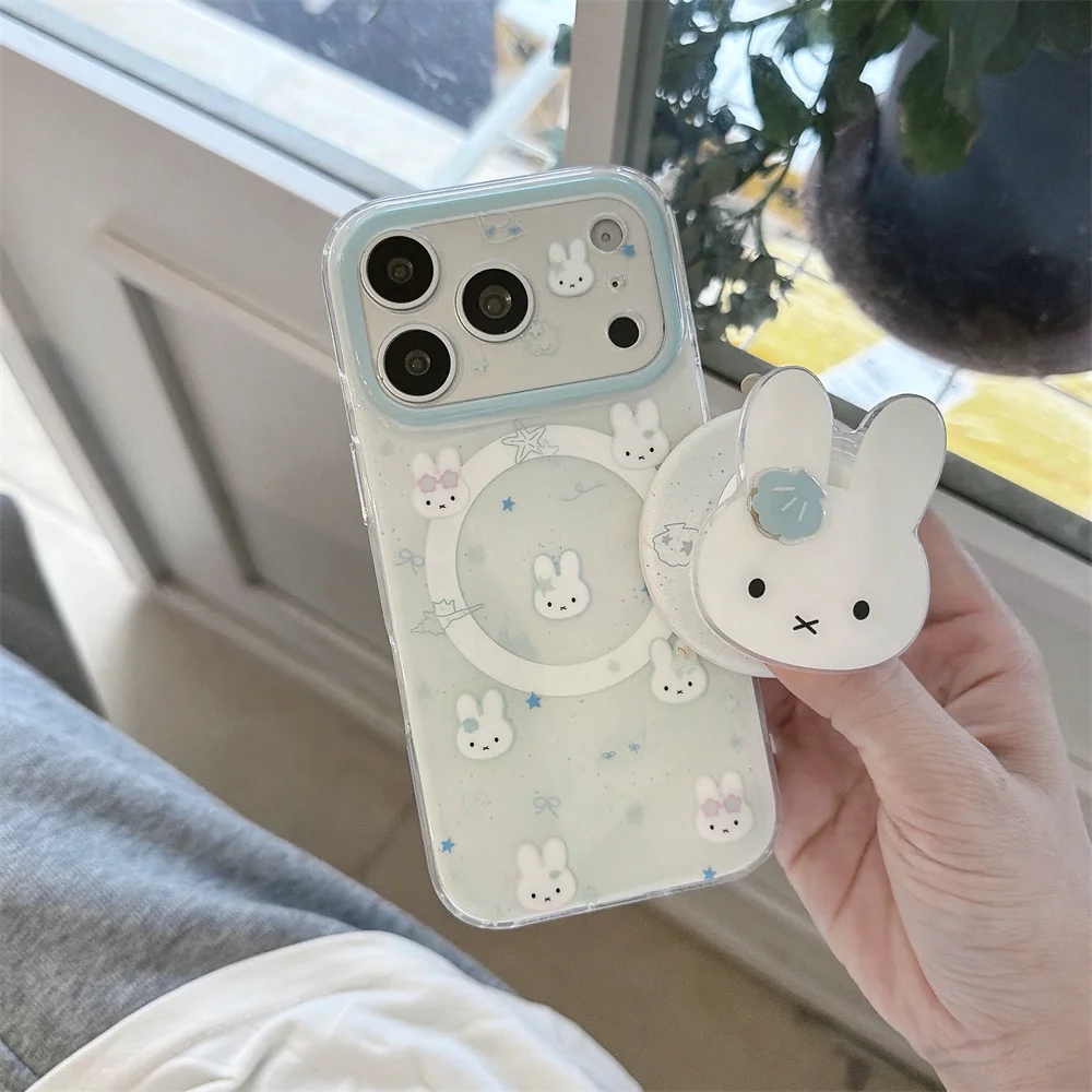 

Korean INS Bow Miffy Rabbit Magnetic Phone Case for iPhone 17 16 Pro Max 15 17 Pro 15 Pro Cover With Magsafe Bracket Cute Cases