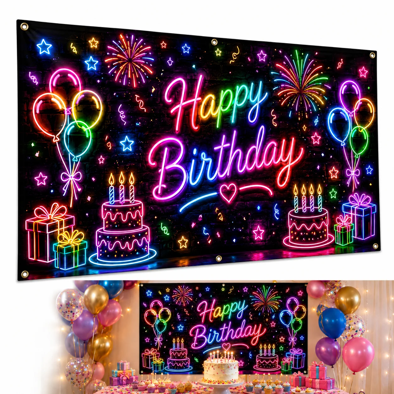 Tessuto di sfondo per decorazioni di compleanno, striscione con design al neon, sfondo fotografico, decorazioni per feste, colori vivaci, stampa ad alta definizione con un sorprendente effetto
