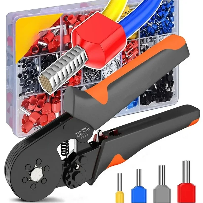 Zeshoekige Zelfverstelbare Ratel Beentje Krimptang Kit 23-10AWG 0.25-6mm2 Crimper Kit met 400-2000 stuks Draadterminals - afbeelding 2