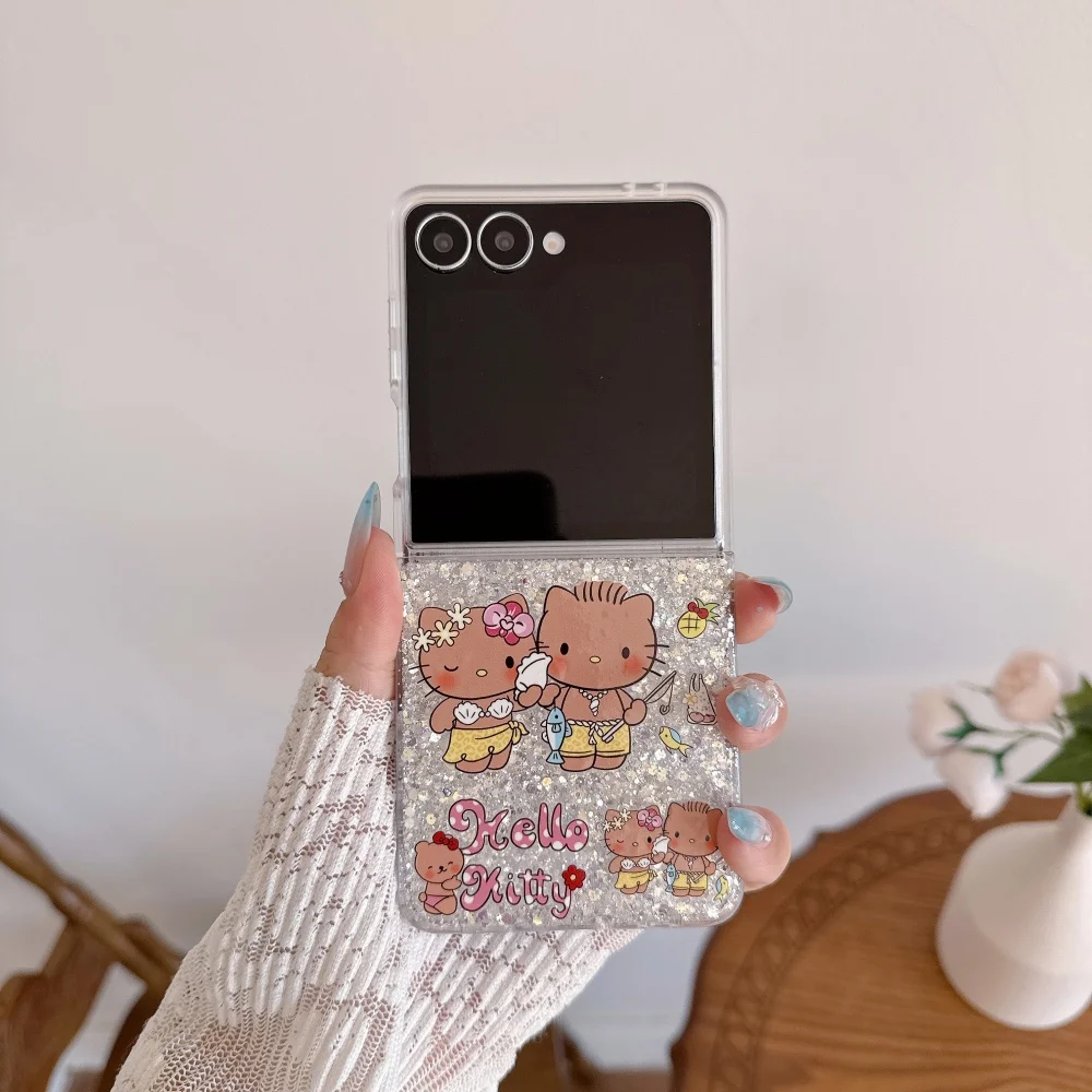 Kawaii Cartoon Holiday HelloKitty Printed Glitter Phone Case for Samsung Galaxy Z Flip 7 Z Flip 6 Z Flip 5 Z Flip 4 Z Flip3 Cute