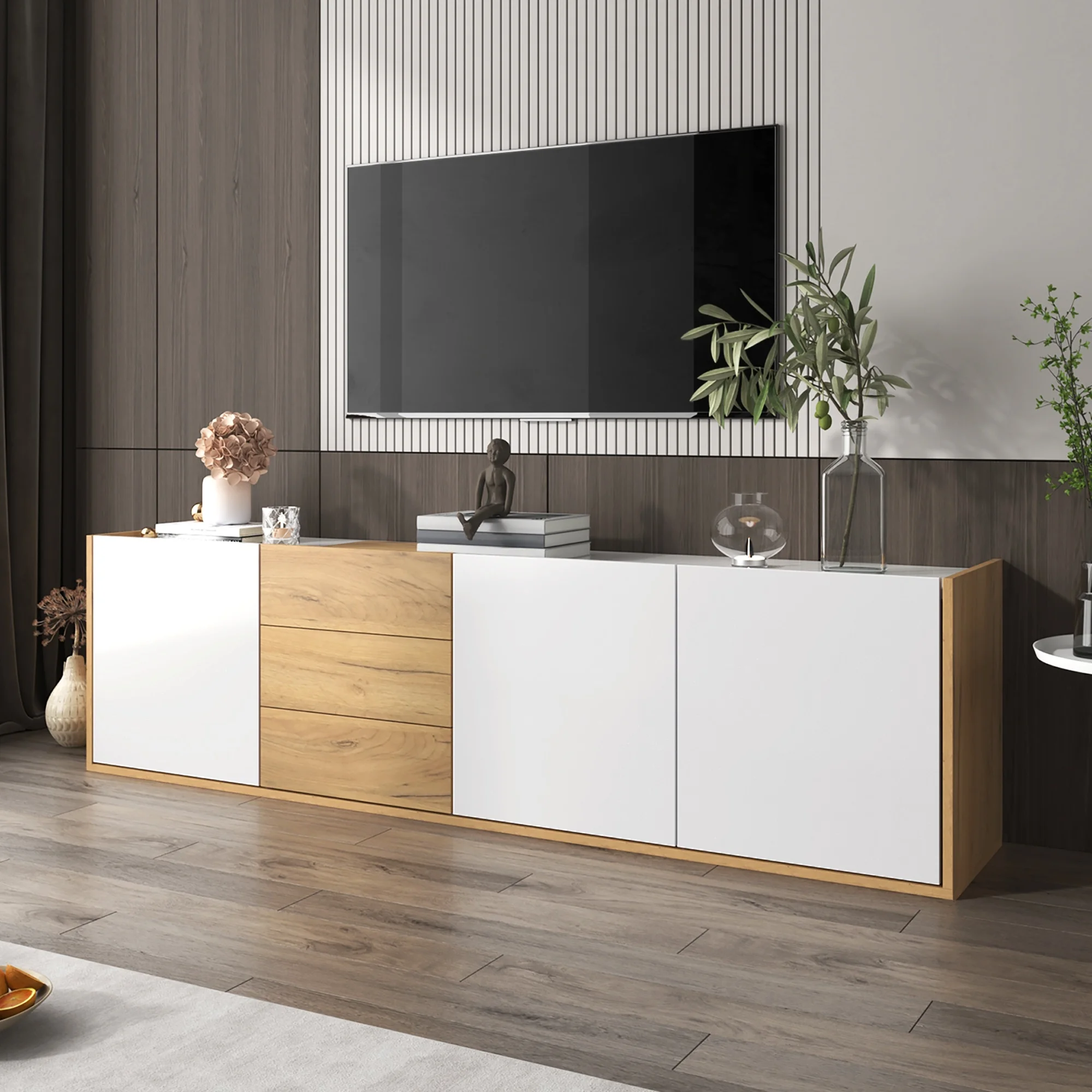 Mueble para TV de 3 Puertas y 3 Cajones, con Estantes Ajustables, para Colgar en la Pared o Apoyar en el Suelo, para Salón, Almacenamiento Multimedia, MDF-Blanco Madera