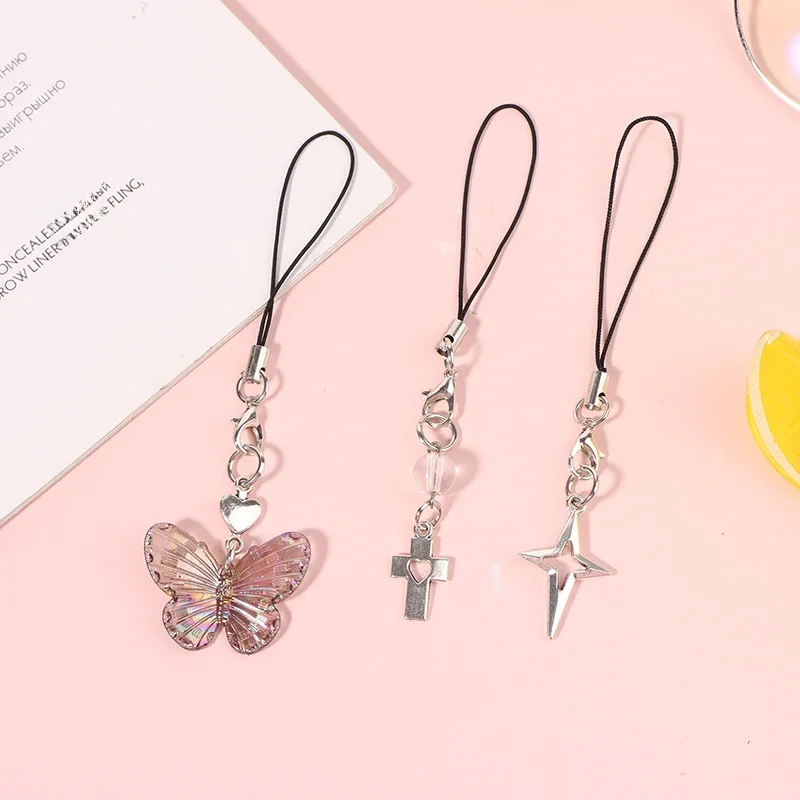 Lanière de téléphone avec pendentif papillon étoile et croix pour filles, minimaliste Y2K, sangles de téléphone portable, porte-clés décoratif