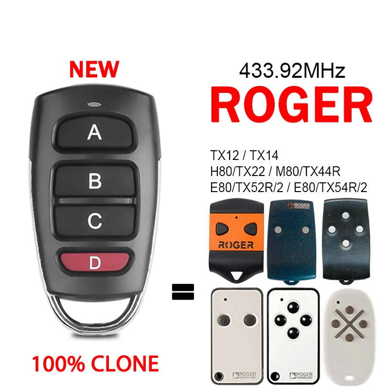 Для ROGER H80 TX22 M80 TX44R E80 TX52R TX54R TX12 TX14 пульт дистанционного управления для электрических ворот, устройство открывания гаражных ворот, 433 МГц, фиксированный код