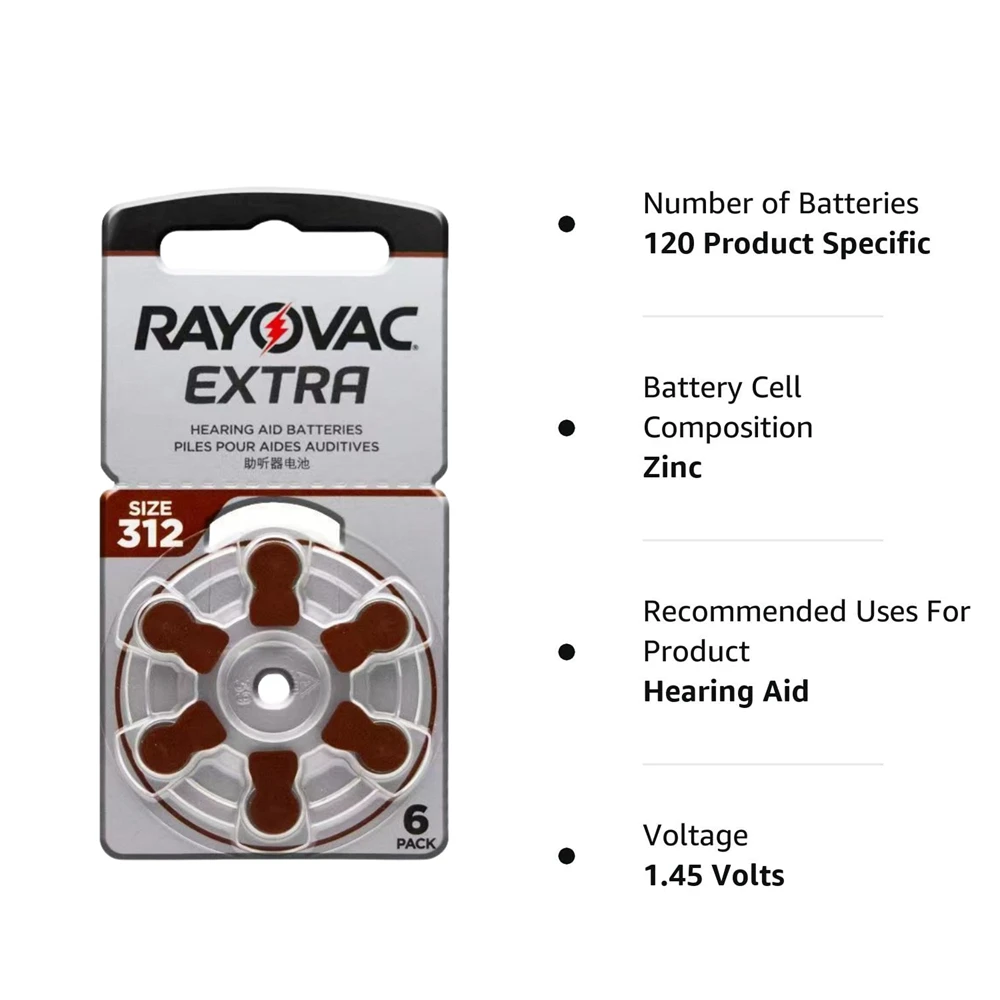 SRayovac-Extra Performance Hearing Aid Baterias, 1.45V, 312, 312A, A312, PR41, bateria de ar de zinco para BTE, CIC, RIC, OE, aparelhos auditivos, 6-60pcs