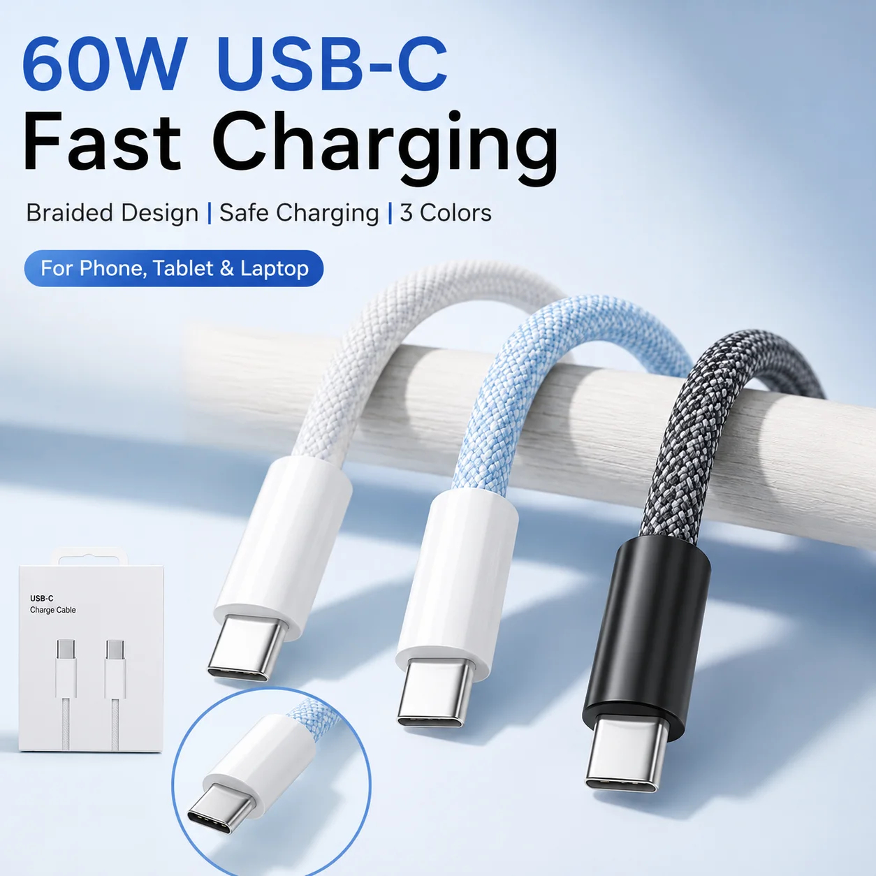 USB-C-Kabel PD 60W Schnellladekabel Typ C für iPhone 15 Pro Max Samsung Xiaomi Huawei Nylon-Ummanteltes Datenkabel