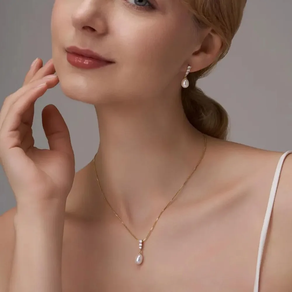 

Stonefans Luxury Pearl Necklace and Earrings Minimalist Bridal Jewelry Set Elegent Rhinestone Pendant Necklace for Wedding Party