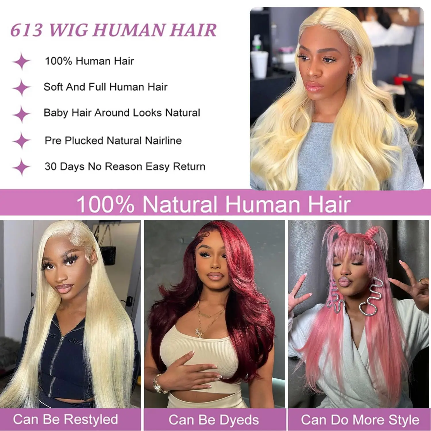 Perruque HD Lace Front Wig Body Wave 613 naturelle, cheveux humains, blond 100%, 13x6, 13x4