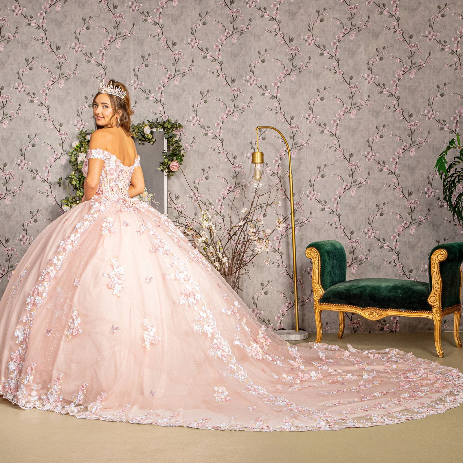 فستان Quinceanera شبكي مزين بالزهور والجواهر ، ذيل طويل ، فستان بريق الحبيب ، WQ9717