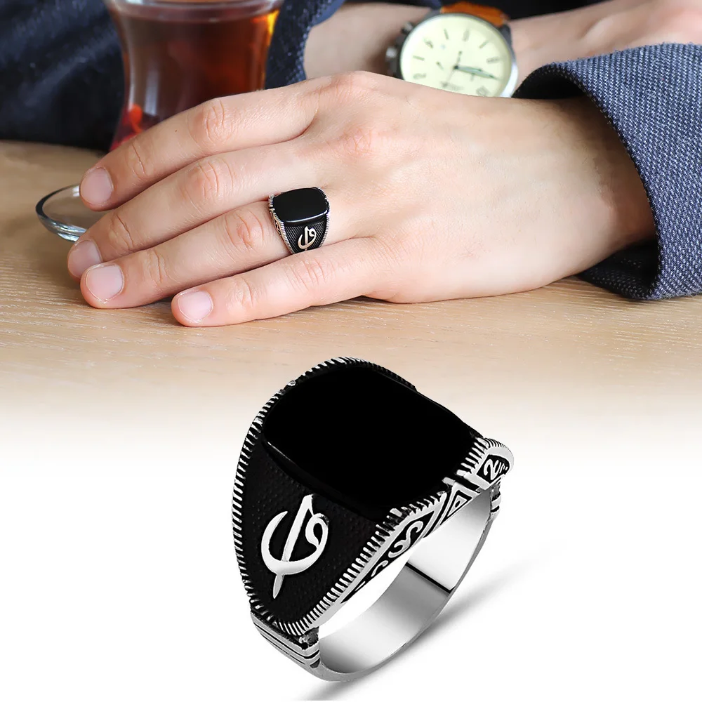 Original 925 Sterling Silver Men Ring With Onyx Stone Male Handmade Alif-waw Symbol All Sizes Available