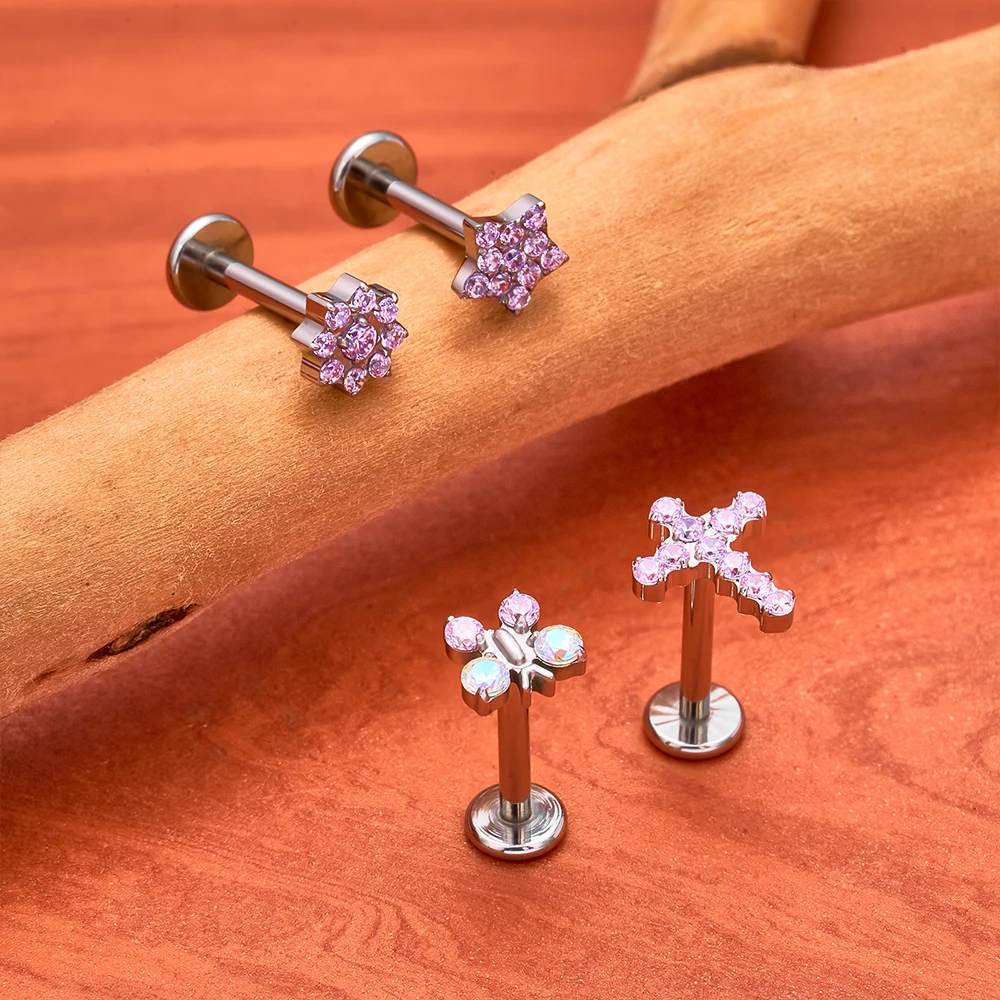 ASTM F136 التيتانيوم Threadless Piercing16G/18 جرام/20 جرام شكل قلب زهرة دفع دبوس Labret الشفاه الدائري مسمار ثقب القرط مجوهرات