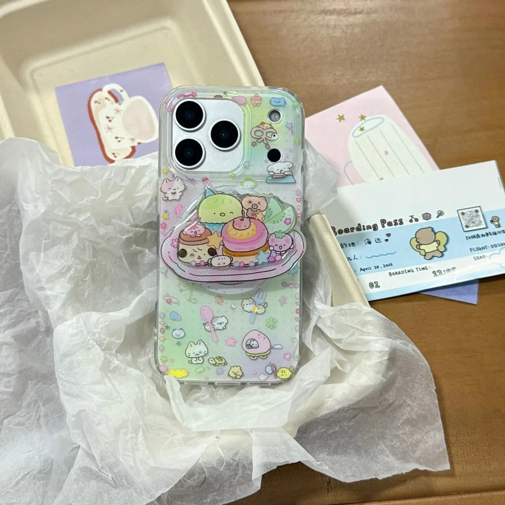 เคสโทรศัพท์มือถือลายการ์ตูนอาหารน่ารัก พร้อมที่ยึดแม่เหล็ก เหมาะสำหรับ iPhone 15 14 13 16 17 Pro Max เคสกันกระแทกสไตล์เกาหลี