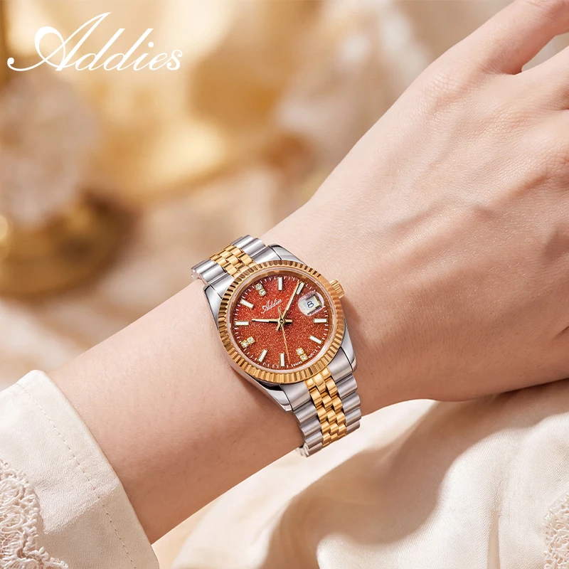 ADDIES AW25912 28mm Women Watch Swiss Movement Stainless Steel Sapphire Crystal Date Display 5Bar Waterproof Quartz Wristwatch