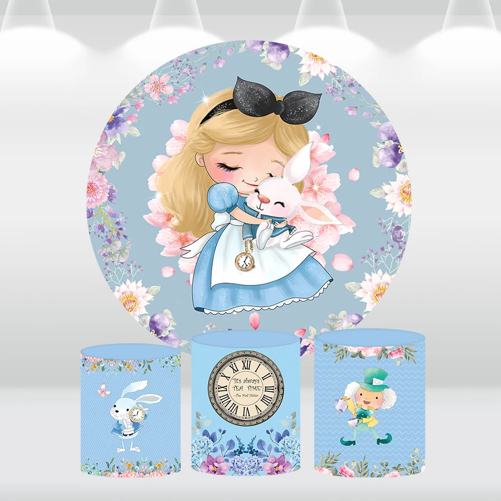 

Baby Alice in Wonderland Round Backdrop Cover for Birthday Decoration Tea Party Girls Cake Table Cylinder Covers Circle