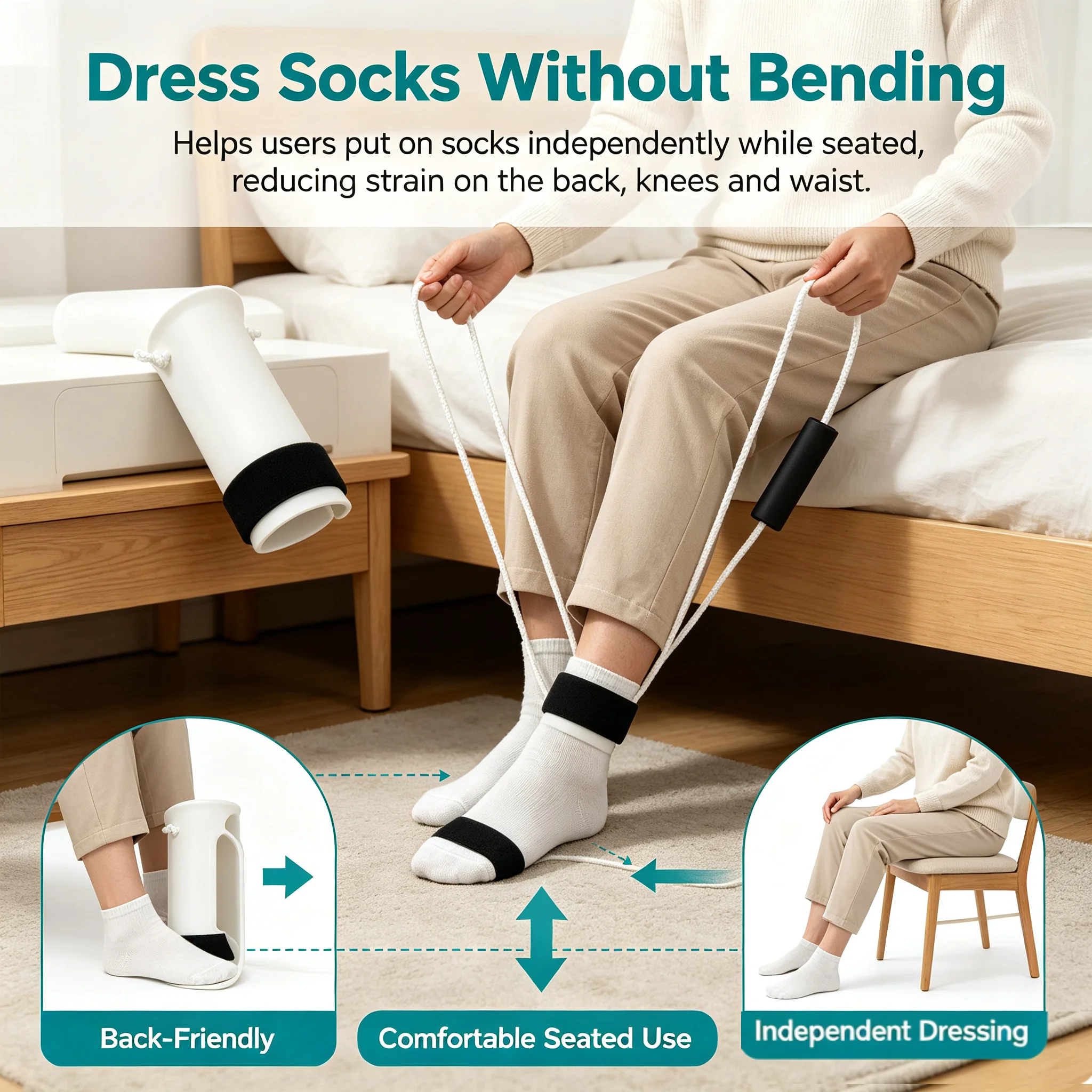 Sock Aid with Foam Grips Bend Sock Helper with Pull Cords Easy-Grip Dressing Aid for Elderly Senior Home Care Rehabilitation