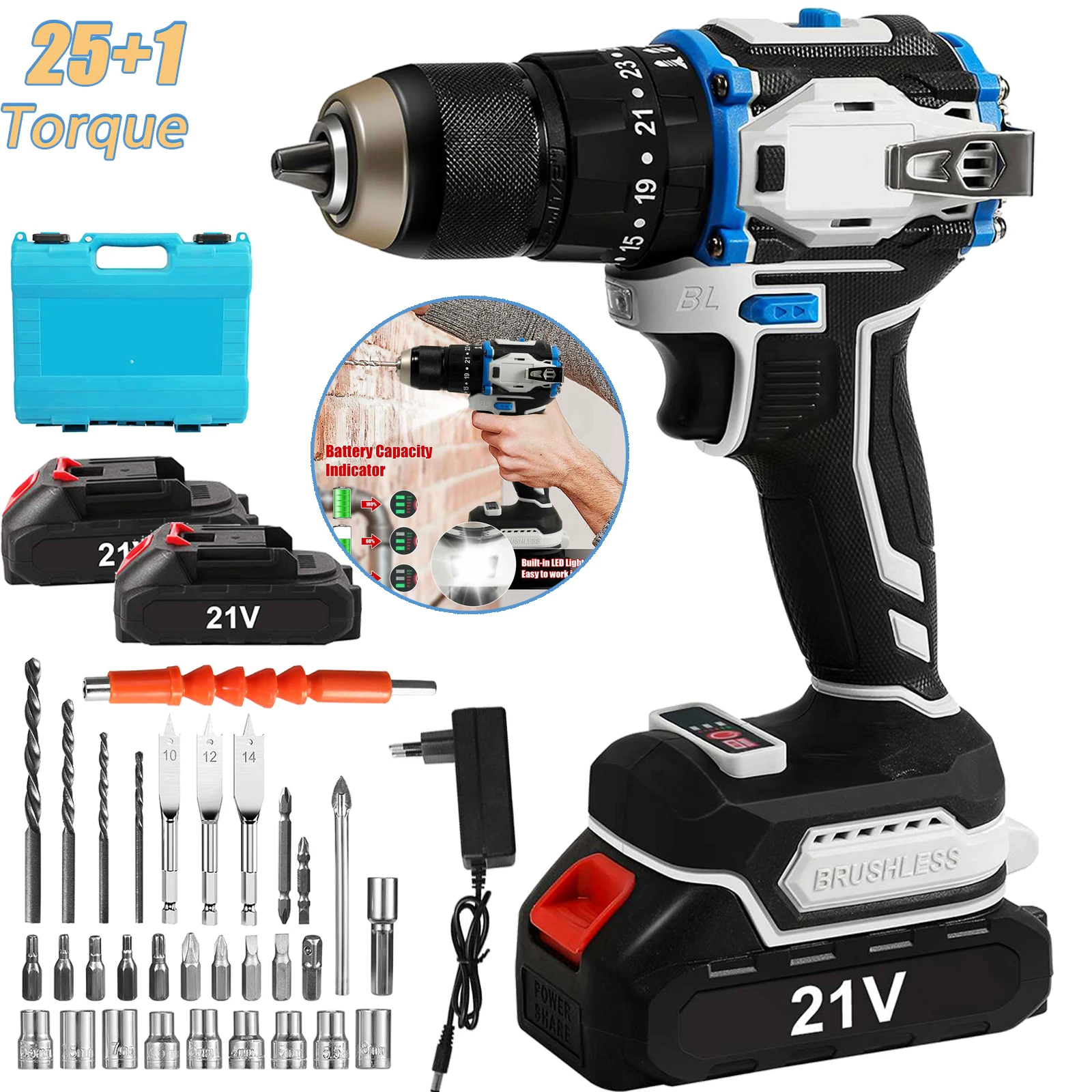 21V Brushless Cordless Drill Rechargeable Electric Screwdriver Lithium Battery 70Nm Household Multi-function 2 Speed Power Tools