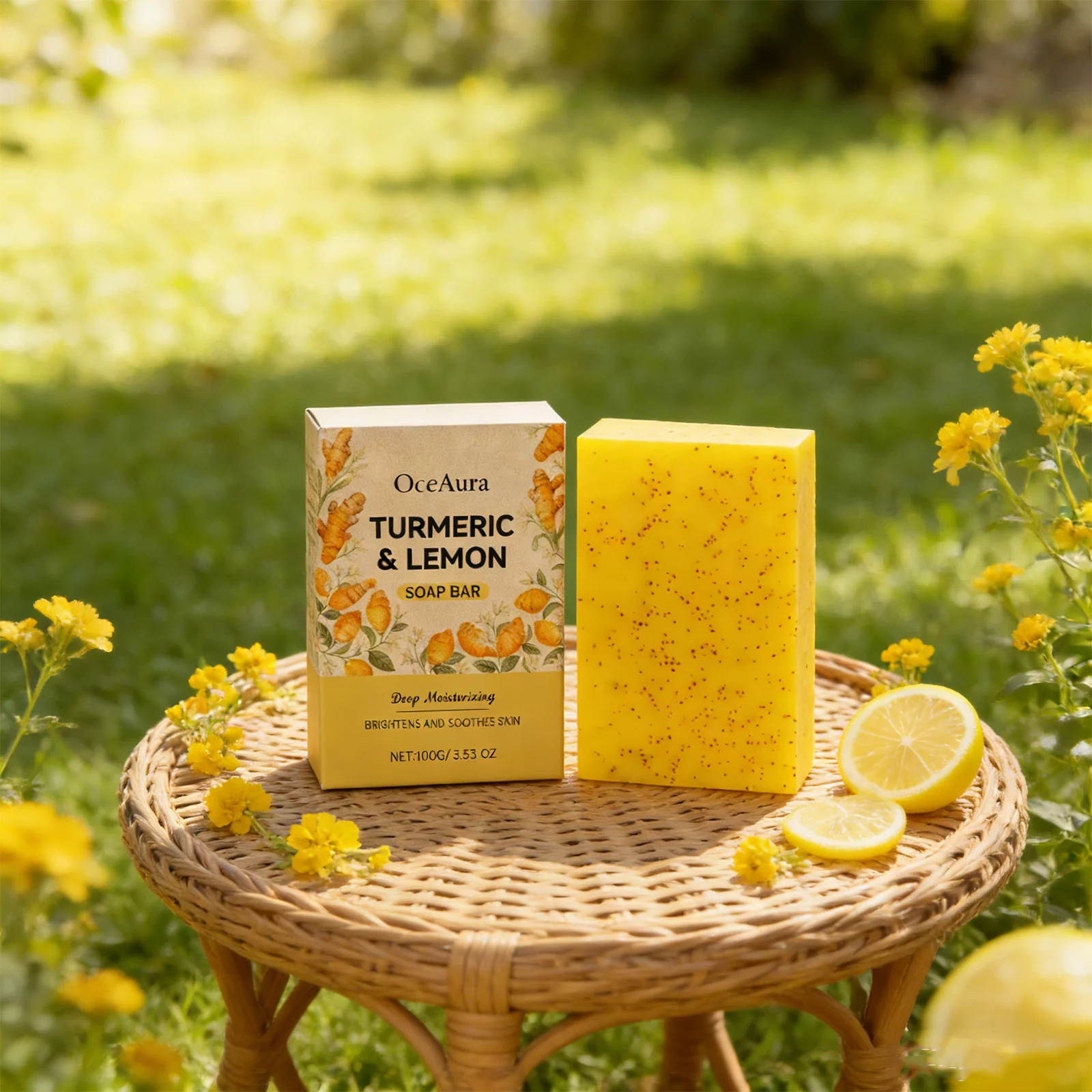 

Мыло OCEAURA 100 г с куркумой и лимоном, осветляет кожу, успокаивает после загара, восстанавливает водный баланс, для ежедневного очищения, для всех типов кожи