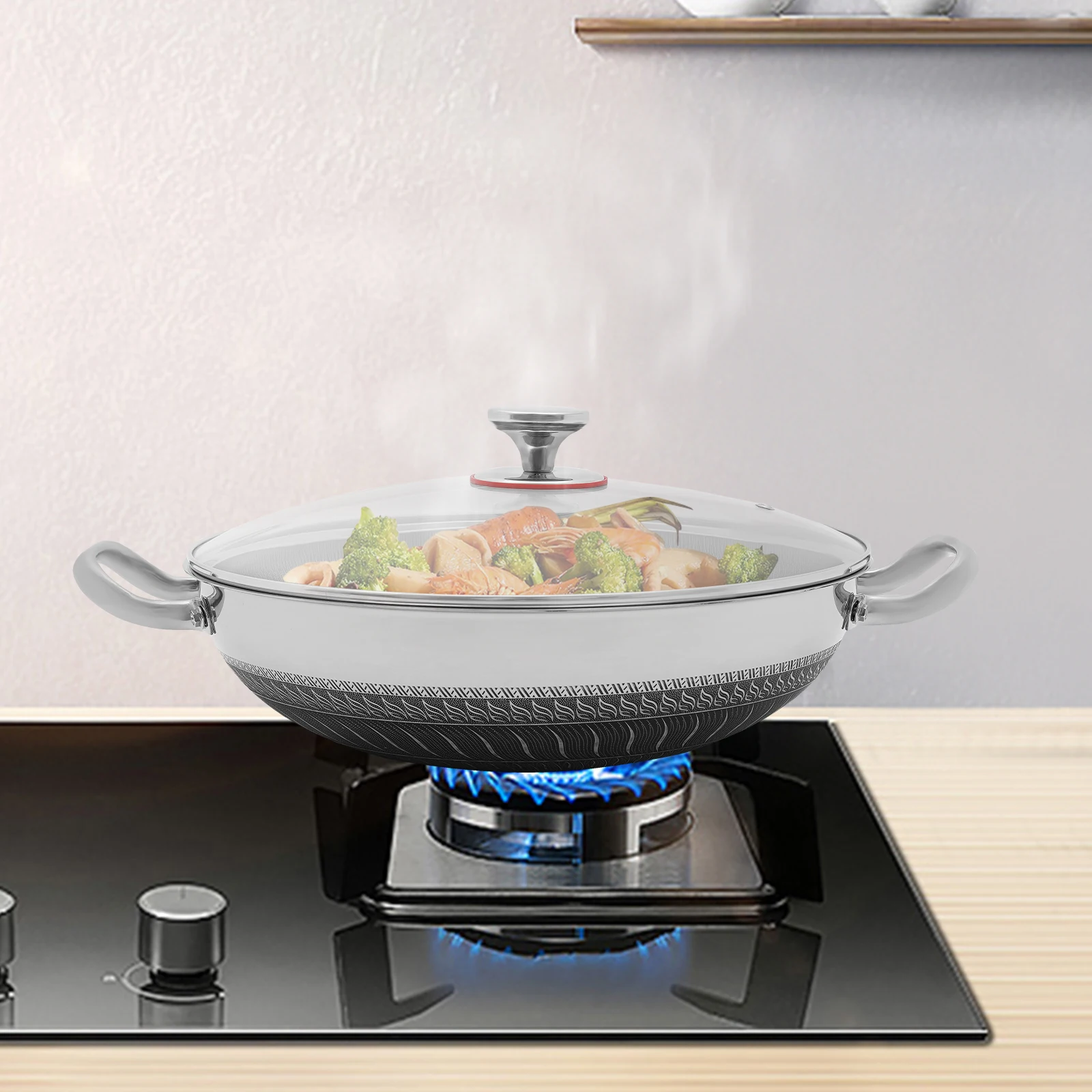 

410 Stainless Steel Frying Pan, Honeycomb Non-Scratch Cookware with Tempered Glass Lid, Healthy Oil-Saving Skillet for Gas