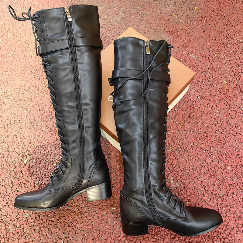 

Onlymaker/женские сапоги до колена со шнуровкой и пряжкой на ремешке, с круглым носком, в стиле пэчворк, с боковой молнией, черная длинная модная обувь