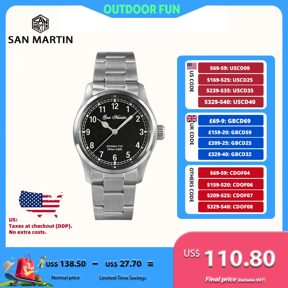 

San Martin Pilot Men Watch Mechanical Automatic Movement 8215 Waterproof 10Bar Diver's Watches Luminous Wristwatch SN0034B