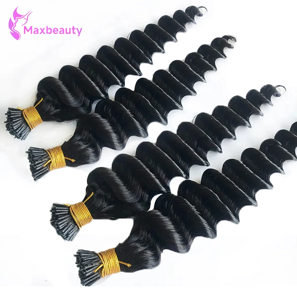 I Tip Microlinks Hair Extensions Deep Wave Human Hair 100% Remy Hair 50 Strands Natural Color Curly I Tips Human Hair Extensions