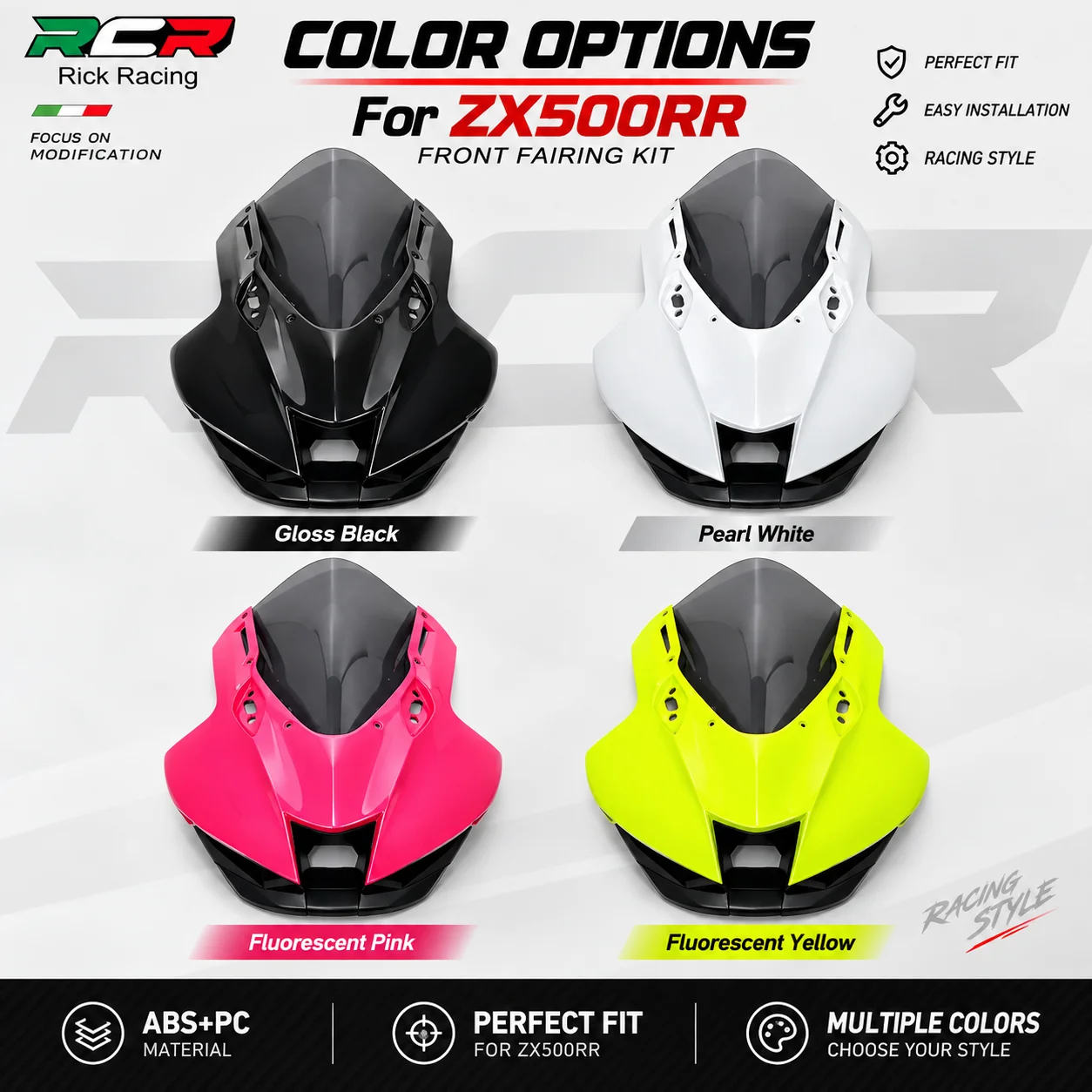 RCRSP For ZX500RR Motorcycle Front Fairing Kit Fireblade Style Tall Racing Windscreen Front Cowl OEM Screws Clips Direct Fit Acc