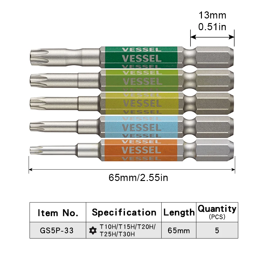 VESSEL GS5P Series Screwdriver Bit Set 5Pcs Single End TORX Bits Strong Magnetic Bits 62HRC Construction Screwdriver Bits