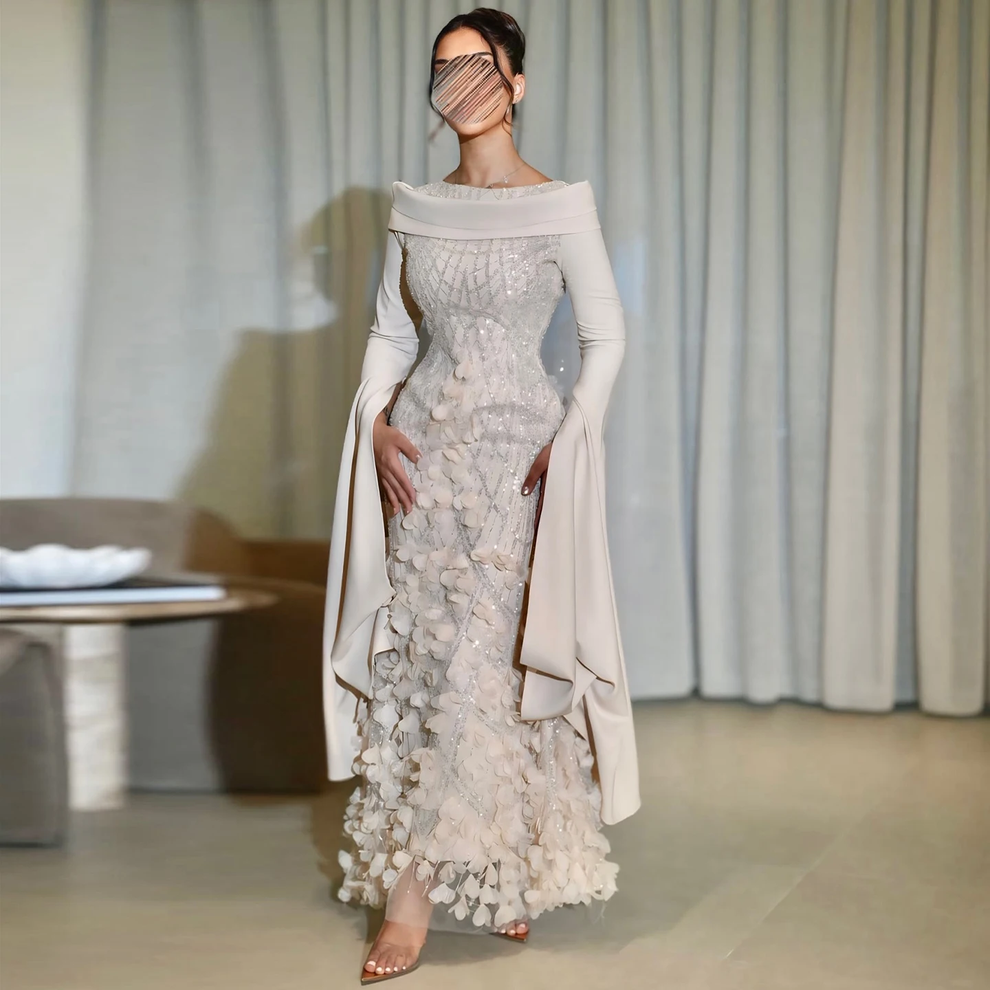 Sharon Said Luxuriöses Dubai Romantisches Blush Pink 3D-Blumen-Arabisches Abendkleid mit Cape-Ärmeln für Hochzeitsfeier SS272 Maßanfertigung – Detail 5
