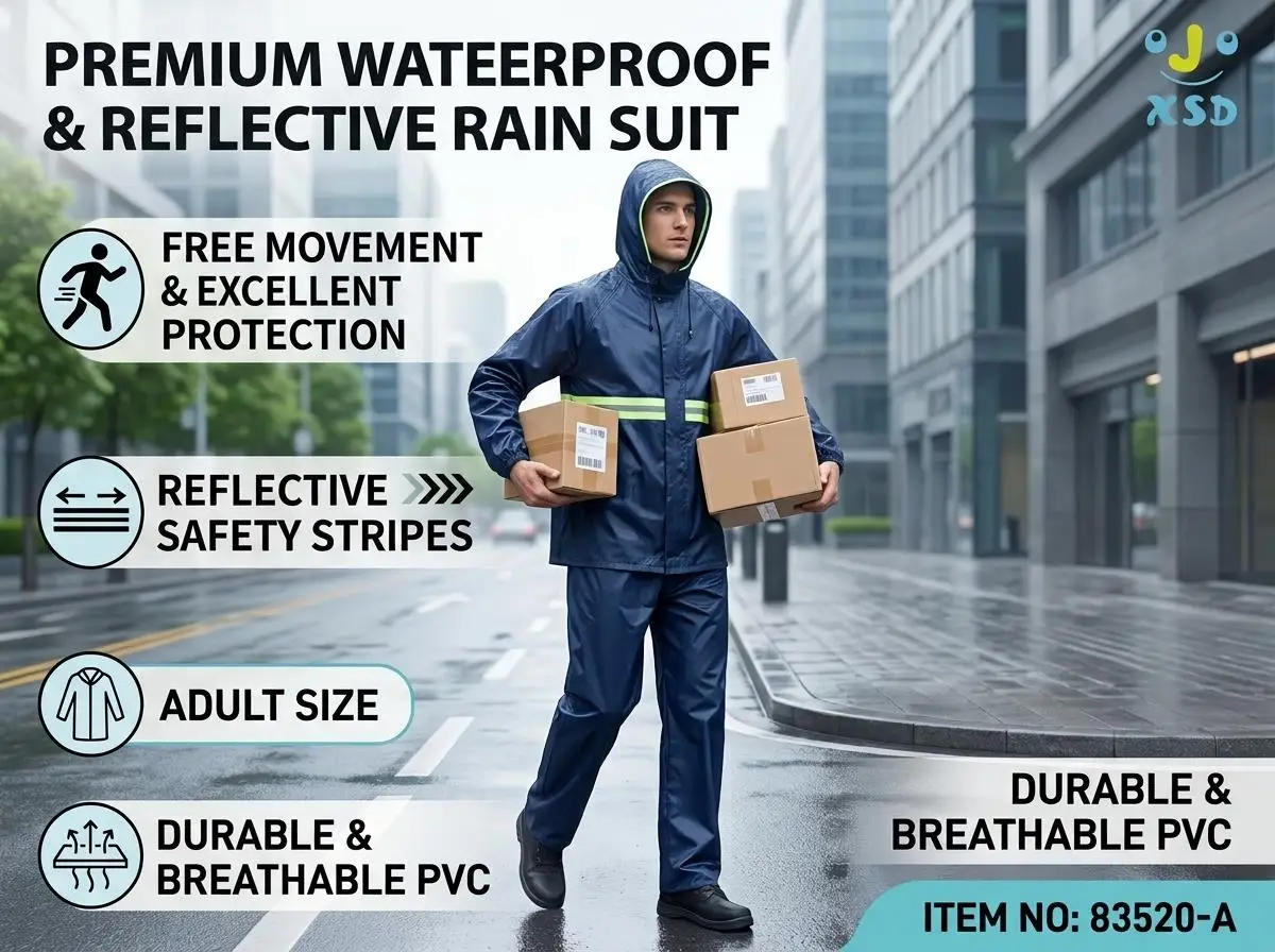 2-Piece Waterproof Rain Suit for Adults, Thick Jacket and Pants with Hood and Reflective Strips, Anti-Rain Workwear for Motorcycle and Outdoor Use (Size 77X77X65Cm) 2 2-Piece Waterproof Rain Suit for Adults, Thick Jacket and Pants with Hood and Reflective Strips, Anti-Rain Workwear for Motorcycle and Outdoor Use (Size 77X77X65Cm) 2