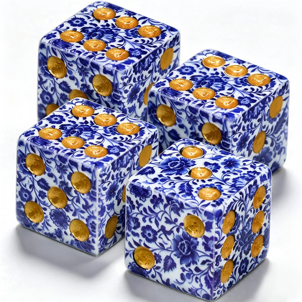 4Pcs Acrylic D6 Dice Set Printed Blue Floral Pattern for Board Games RPG Role Playing Family Game Night Collectors