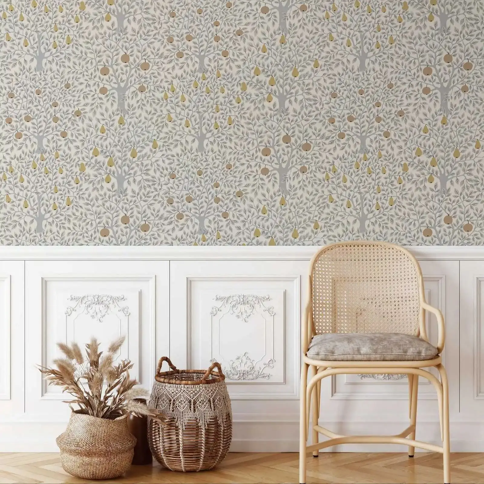 

Scandinavian Pomona Wallpaper, Peel and Stick Wallpaper with Pear and Apple trees in Grey Back with light metalic effect