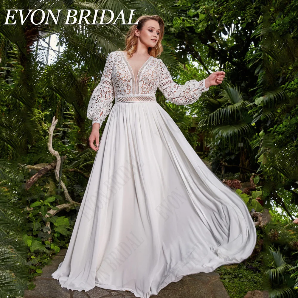 

Evon Bridal Свадебное платье с пушистыми рукавами Платье для невесты с открытымиЖенское свадебное платье EVON, классическое шифоновое платье-трапеция с пышными рукавами и открытой спиной, кружевное платье невесты, 2024