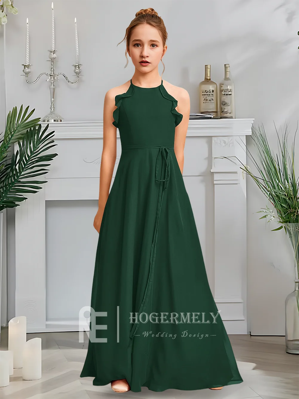 Designer A-Line ชุดเพื่อนเจ้าสาวจูเนียร์ Ember Burgundy ดอกไม้สาวชุด Halter ชีฟองความยาว Garden Gala งานแต่งงาน