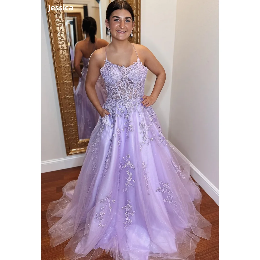 

Jessica Tulle Embroidery Evening Dresses Lavender Purple Prom Dresses A-line Corset Women Wedding Party Dresses Customized