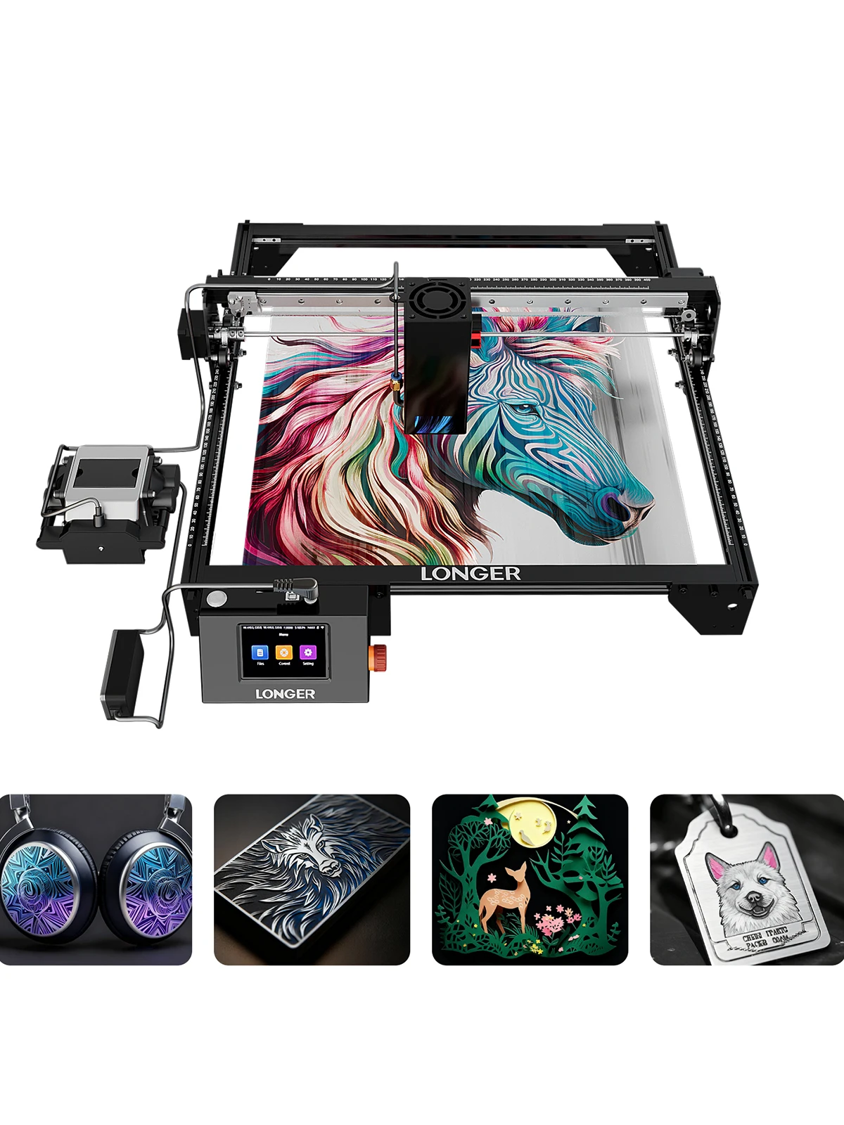 LONGER RAY5 40W Lasergravierer Laserschneider Prägemaschine mit Auto Air Assist, WiFi-Touchscreen, Hochgeschwindigkeits-Präzision, 385×385mm Lasergravur- und Schneidemaschine für DIY-Werkstatt,