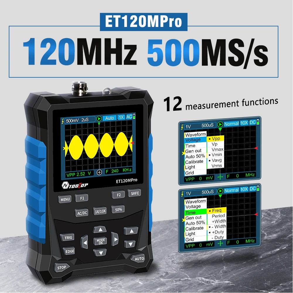 TOOLTOP ET120MPro oscyloskop cyfrowy źródło sygnału 2-w-1 500 MS/s 120MHz przenośny samochodowy oscyloskop samochodowy diagnostyka narzędzia