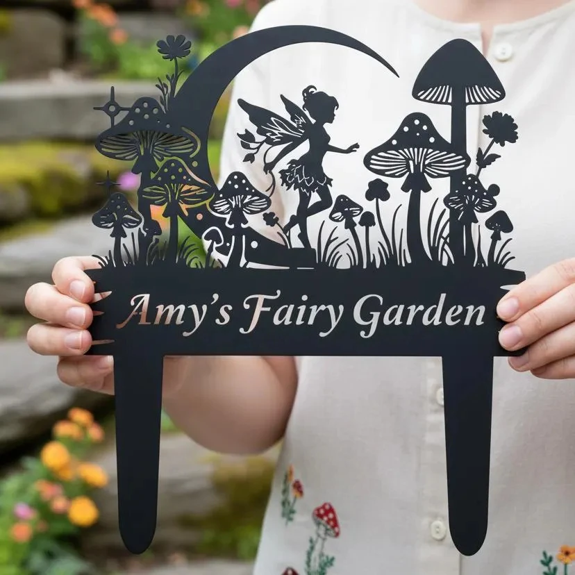 Custom Fairy Garden Name Sign,Personalized Metal Garden Name Stake,Custom Floral Garden Sign,Outdoor Garden Name Stake