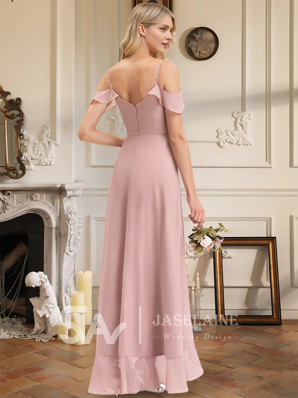 

LA Bridesmaid Dresses A-Line V-Neck Asymmetrical Chiffon Cascading Ruffles Wedding Guest Evening Party Cocktail Dress Women