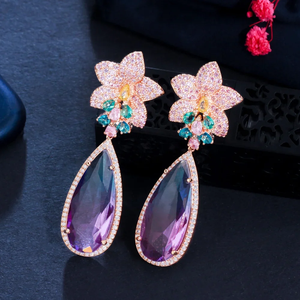 CWWZircons Micro Pave różowy kwiat z cyrkonią duża kropla wody Rainbow kryształ długi luksusowe kolczyki dla kobiet biżuteria Boho CZ965 — zdjęcie 2