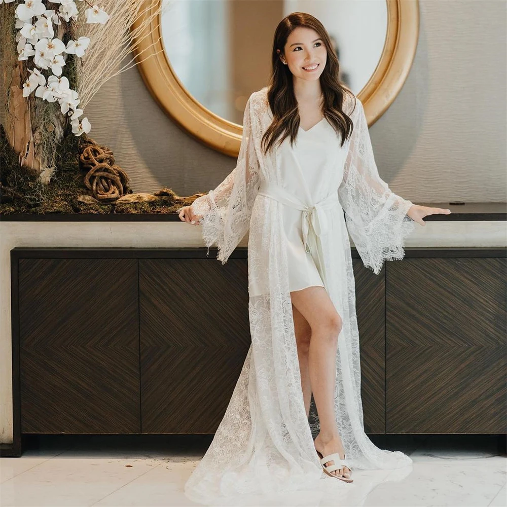 

Elegant Two-pieces Long Sleeves Lace Bride Robe For Wedding Sexy Bridal Shower Dress Women Night Gwons 2024