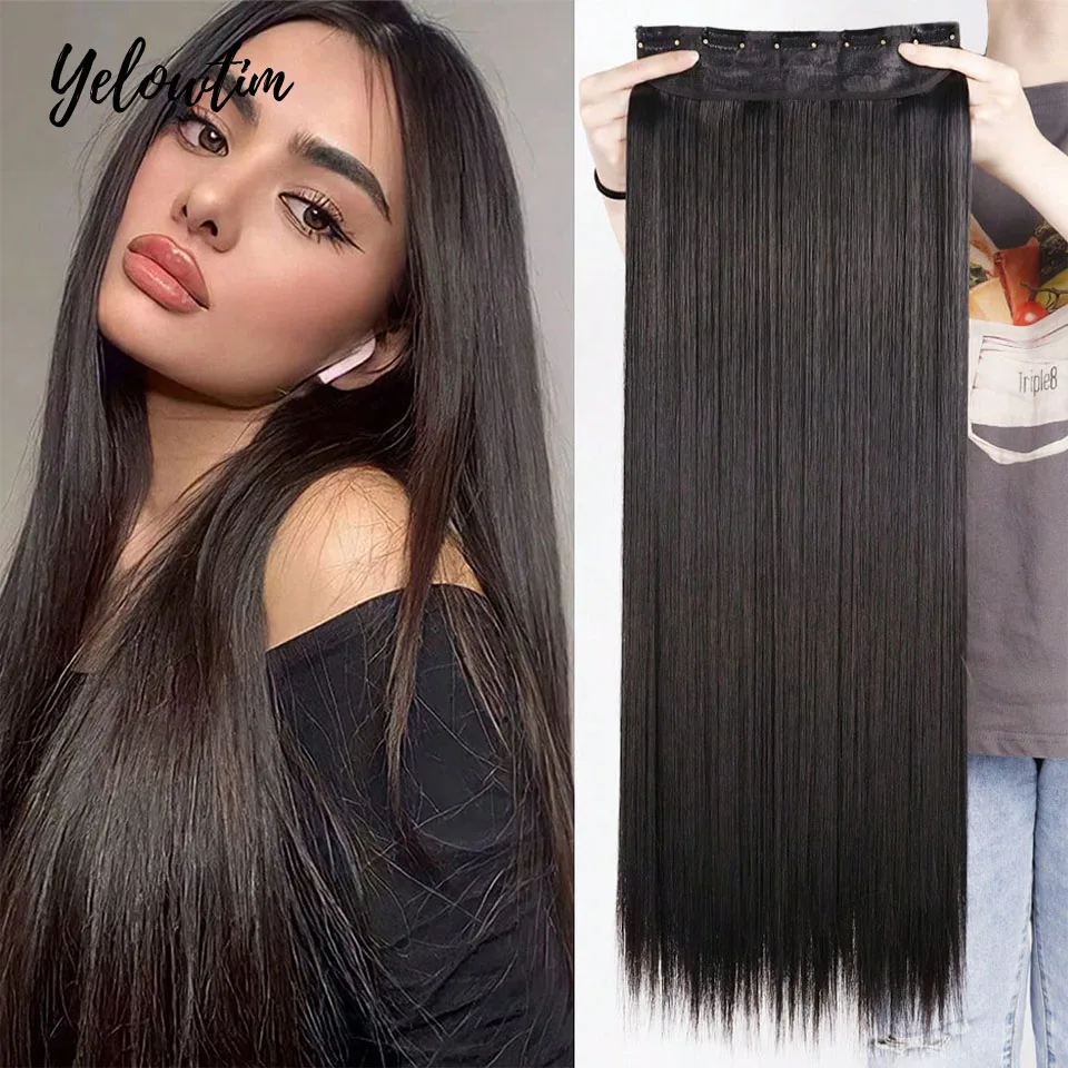 OLACARE Long Synthetic Straight Hair Extension Clip In One Piece 5 Clips False Blonde Hair Black Brown Heat Resistant Fake Hair