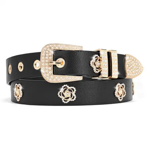 Nietengürtel für Damen, Mädchen-Strass-Skinny-Blumenniet-Punk-Y2K-Kunstledergürtel für Jeans, Hosen, Kleider